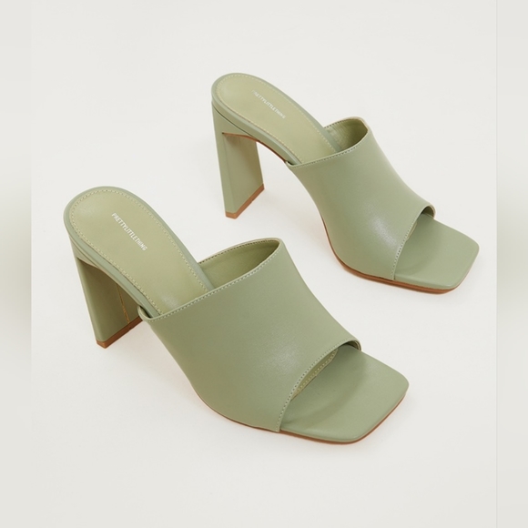 Pretty Little Things- Sage Green PU Square Toe Flat Mid Heeled Mules - Picture 1 of 4